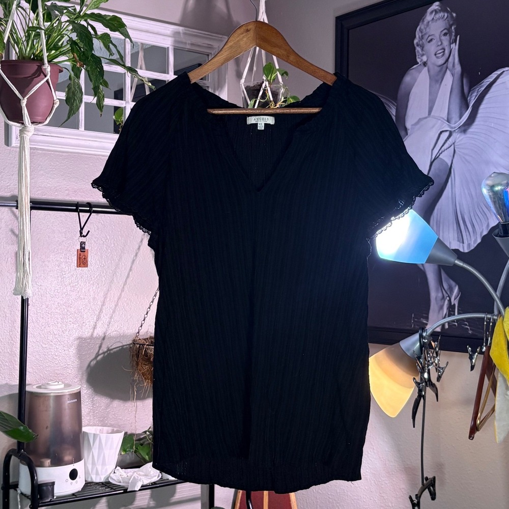 Angels Forever Young Black Crinkle V-Neck Blouse Lace Trim XL